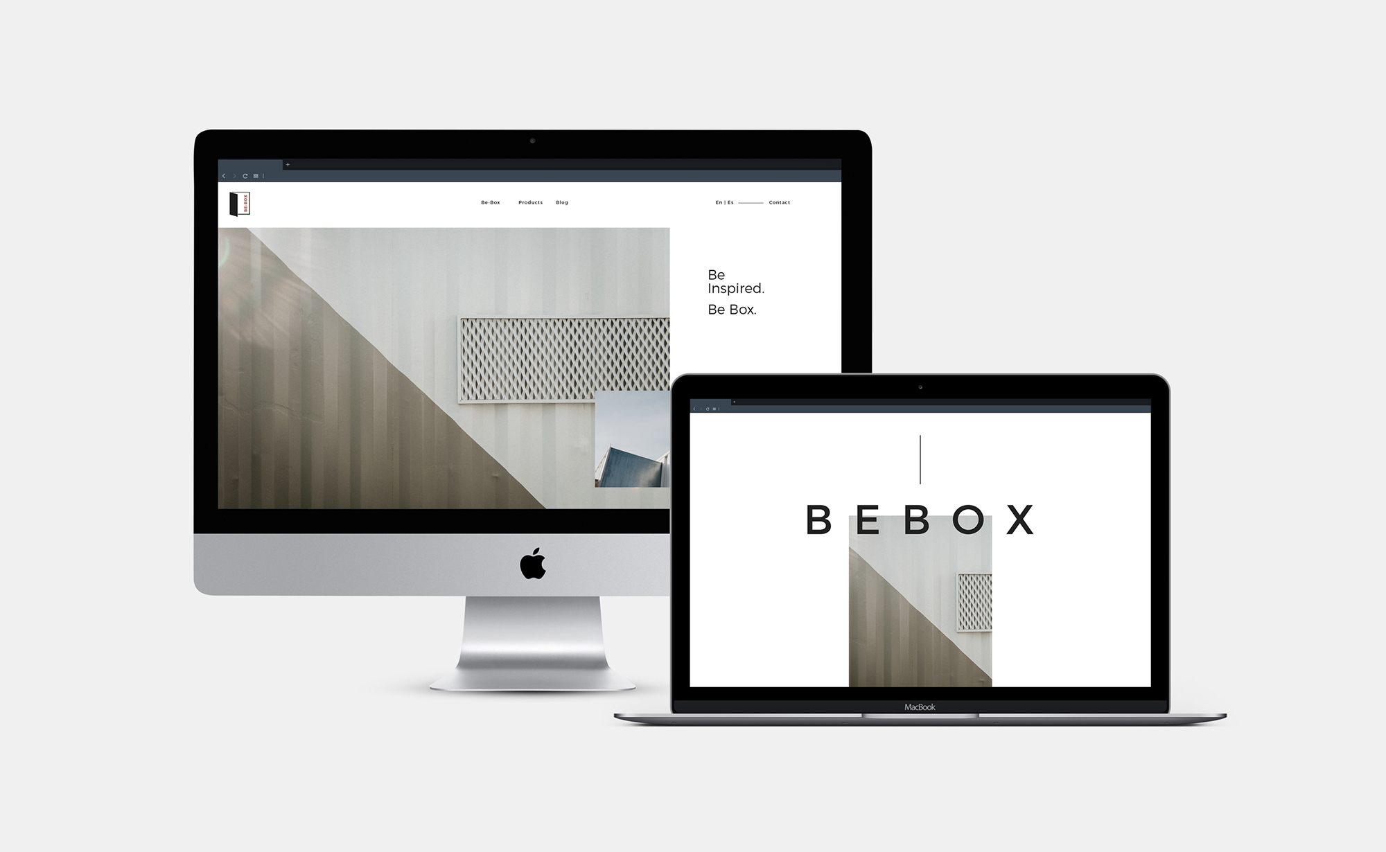 Diseño y desarrollo de website corporativo para Be-Box. Vista iMac y macbook.