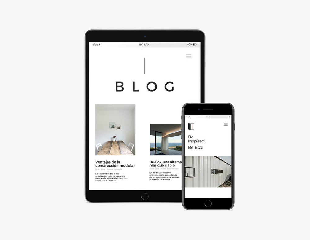 Diseño y desarrollo de website corporativo para Be-Box. Vista detalle layout apple devices.