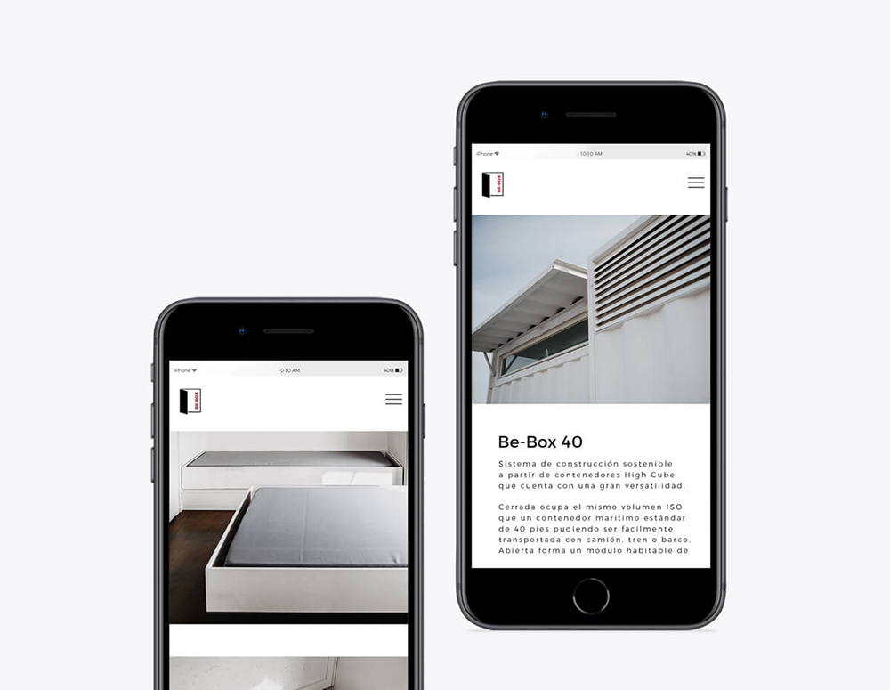 Diseño y desarrollo de website corporativo para Be-Box. Vista detalles mobile devices.