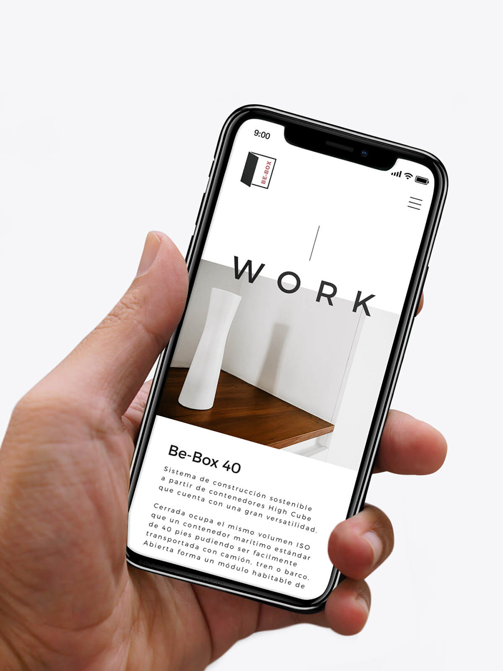 Diseño y desarrollo de website corporativo para Be-Box. Vista detalle iPhone.