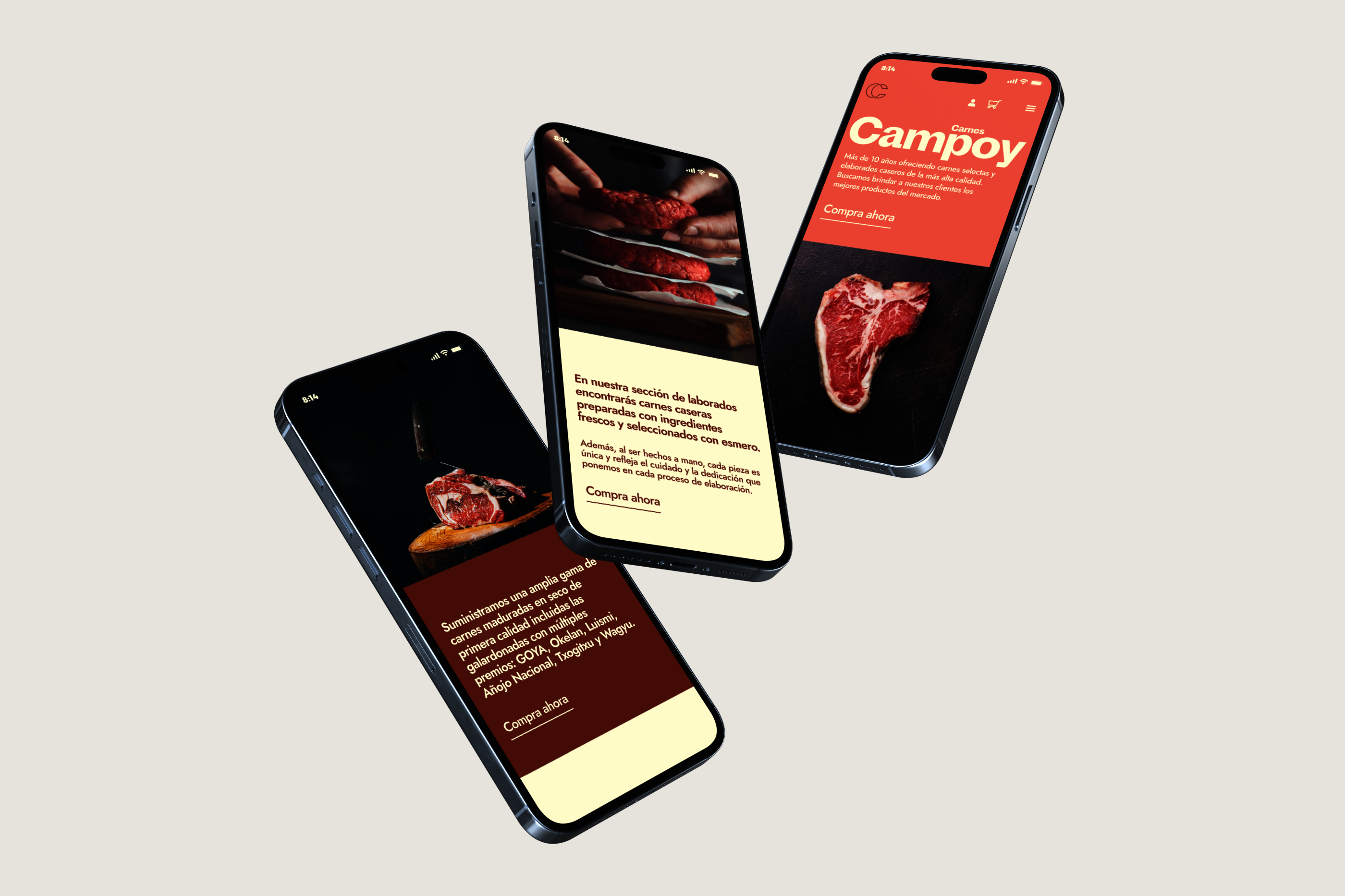 Diseño y desarrollo de website e-commerce para Carnes Campoy. Detalle web en varios iphone.