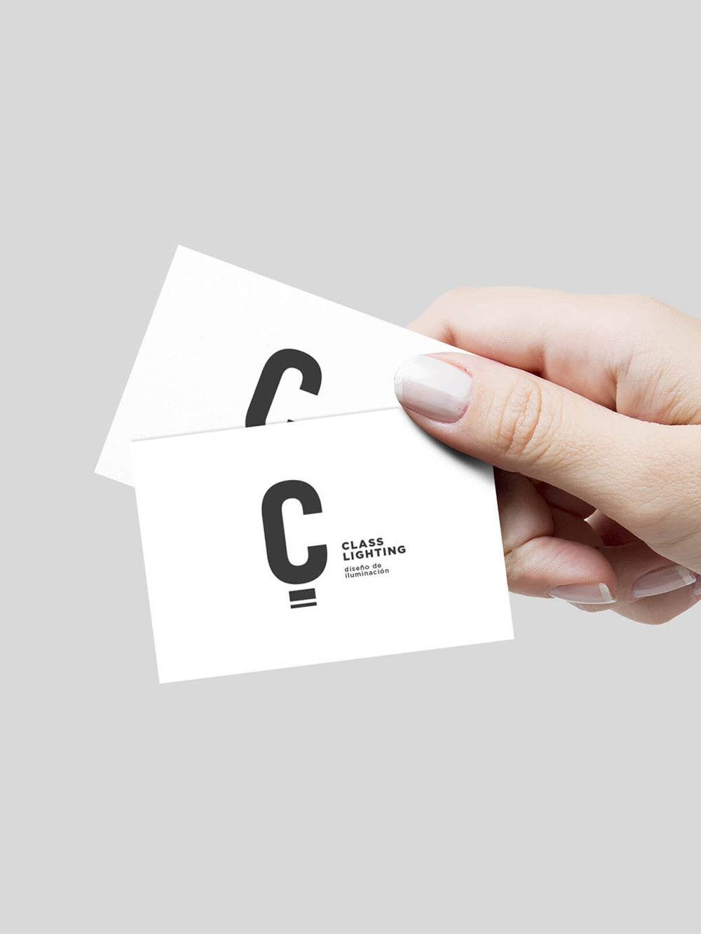 Diseño y desarrollo de identidad visual corporativa para Class Lighting. Detalle tarjeta de visita.