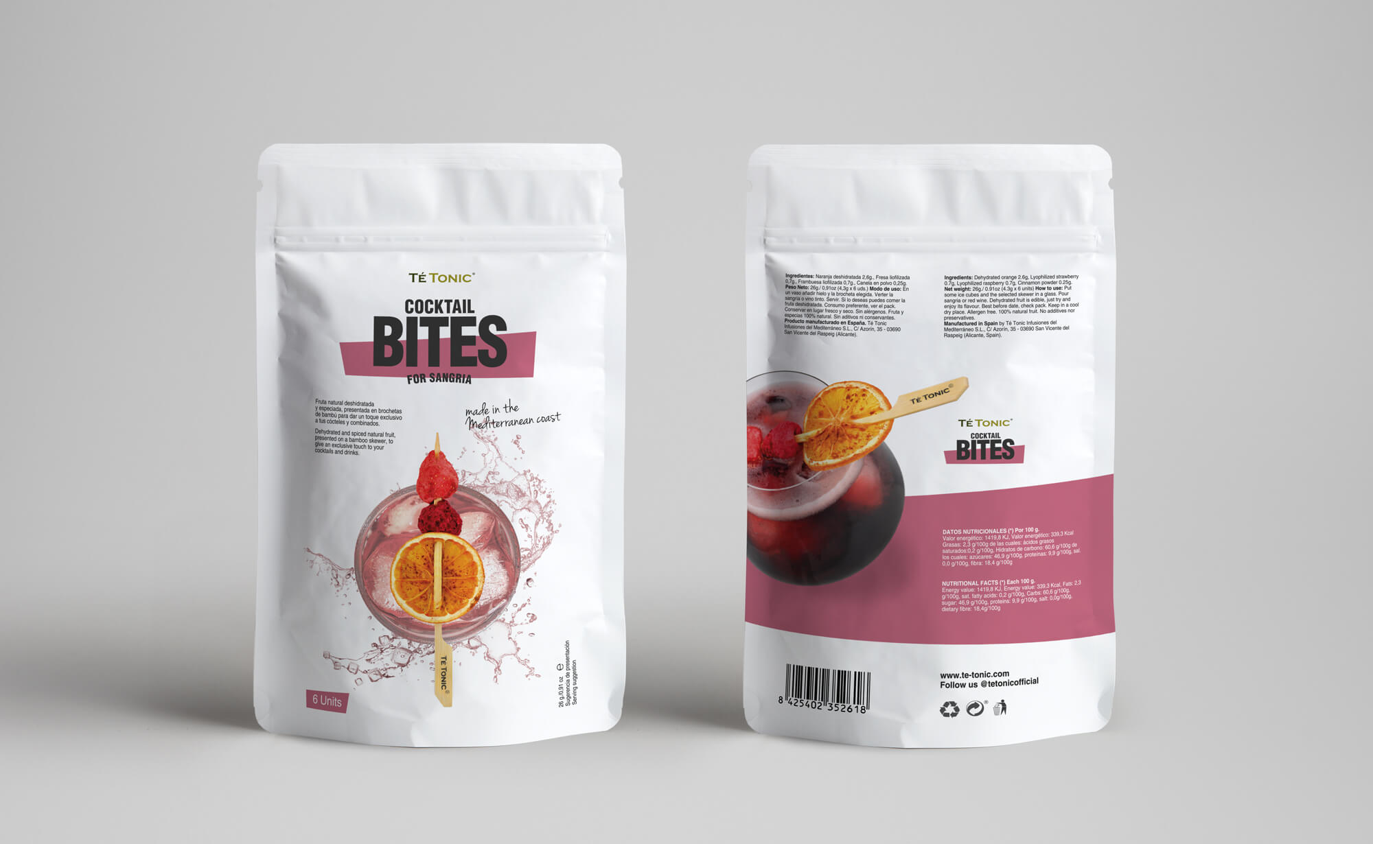 Diseño y desarrollo de packaging para Cocktail Bites de Té-Tonic Experience. Vista general de packaging-Sangría.