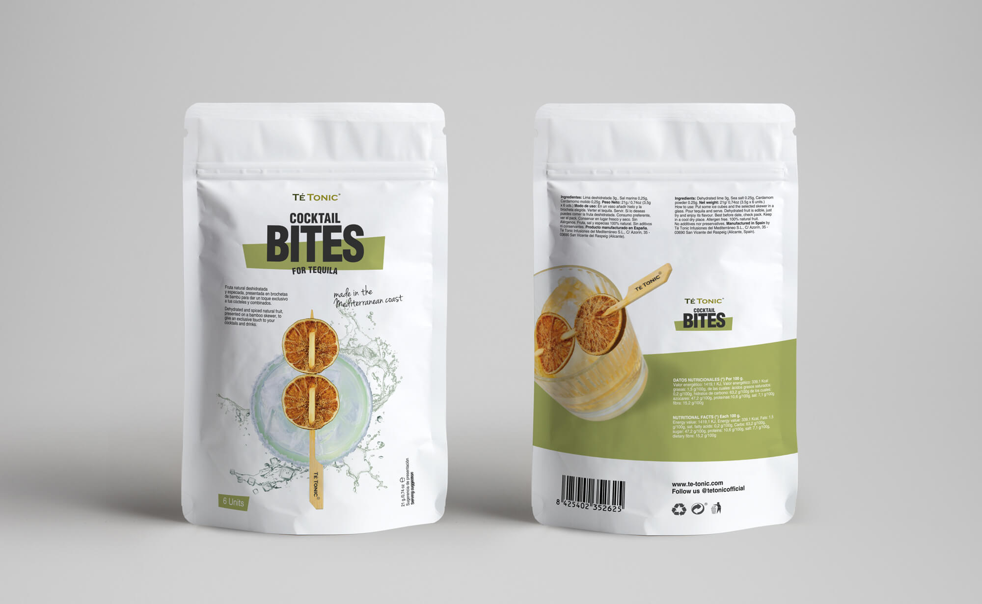 Diseño y desarrollo de packaging para Cocktail Bites de Té-Tonic Experience. Vista general de packaging-Tequila.