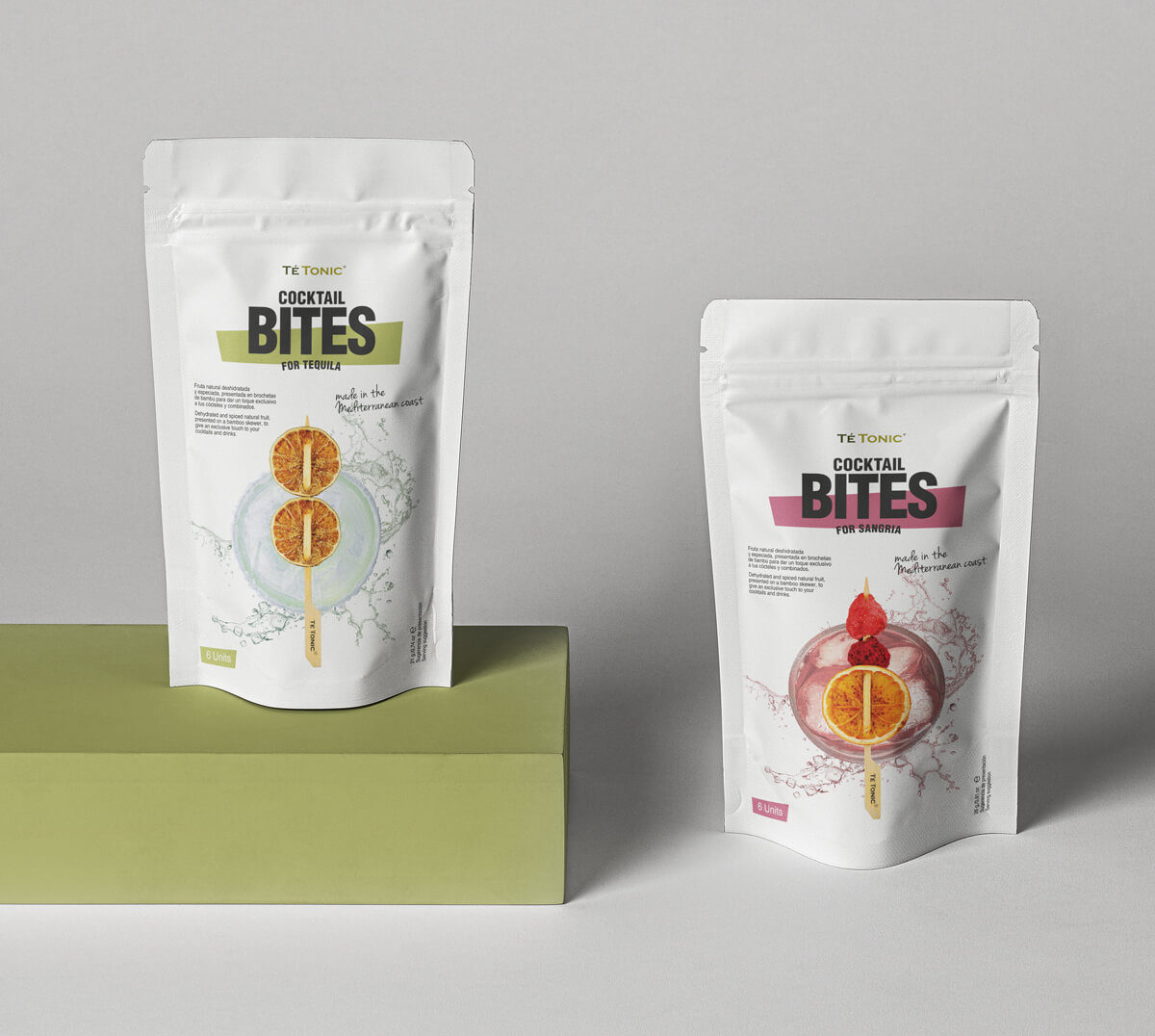 Diseño y desarrollo de packaging para Cocktail Bites de Té-Tonic Experience. Vista general de packaging.