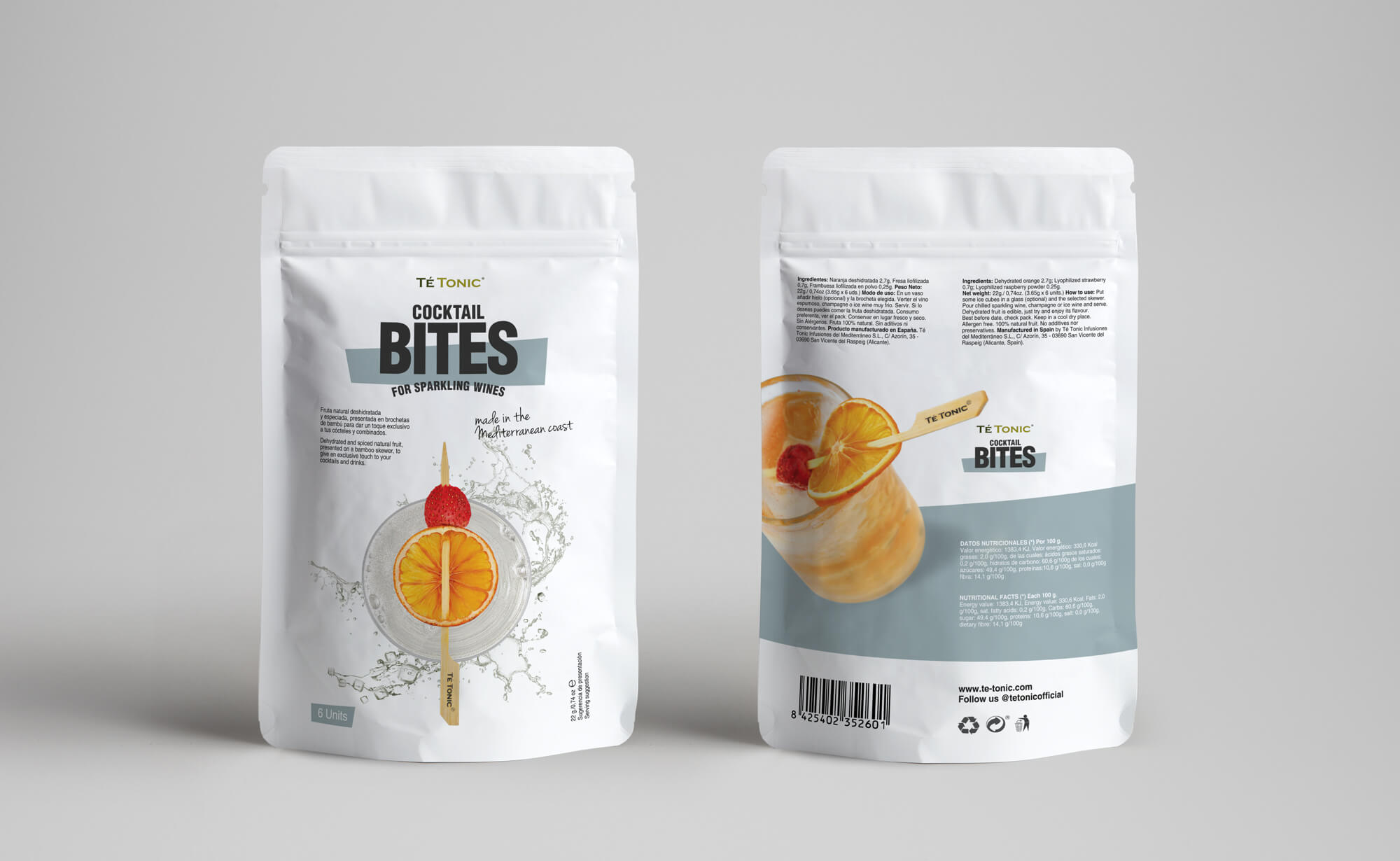 Diseño y desarrollo de packaging para Cocktail Bites de Té-Tonic Experience. Vista general de packaging-Wine.