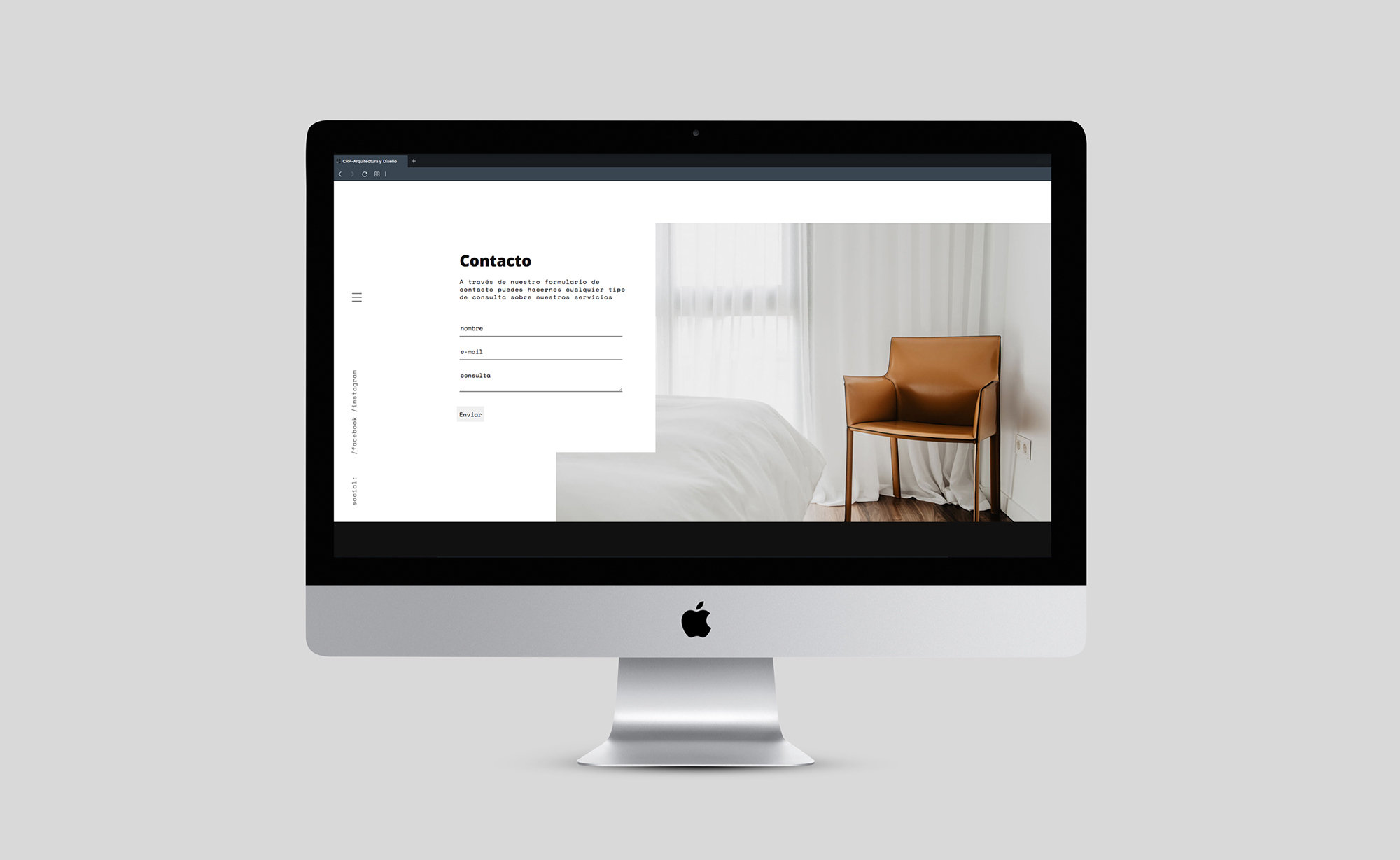 Diseño y desarrollo de website corporativo para CRP Arquitectura y diseño. Vista layout contacto sobremesa.