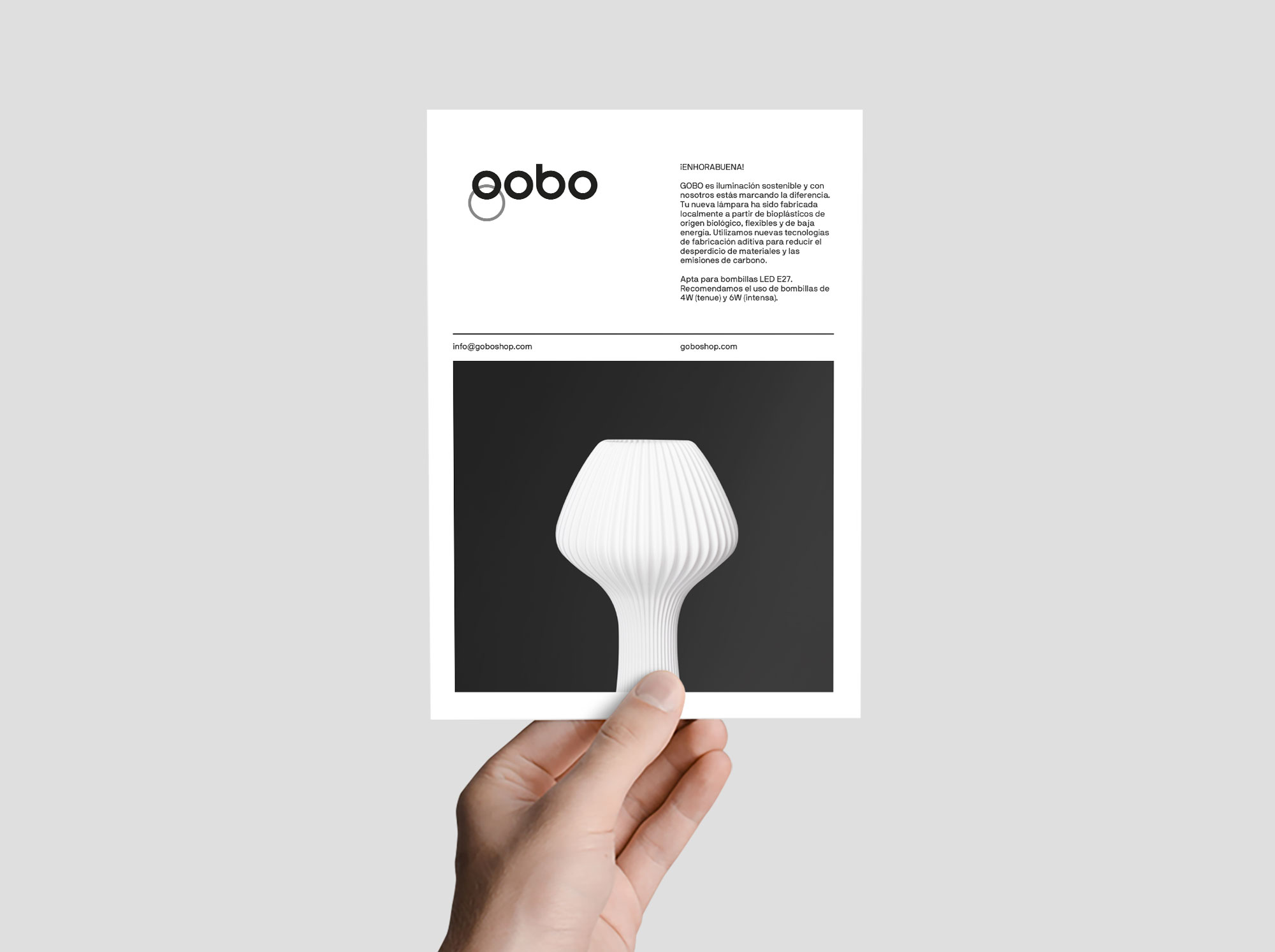 Diseño y desarrollo de identidad visual corporativa para Gobo. Detalle flyer de compra.
