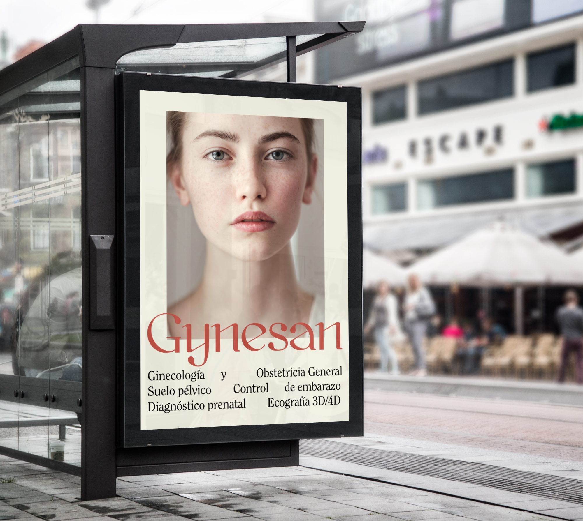 Diseño y desarrollo de identidad visual corporativa para Gynesan. Publicidad en marquesina.