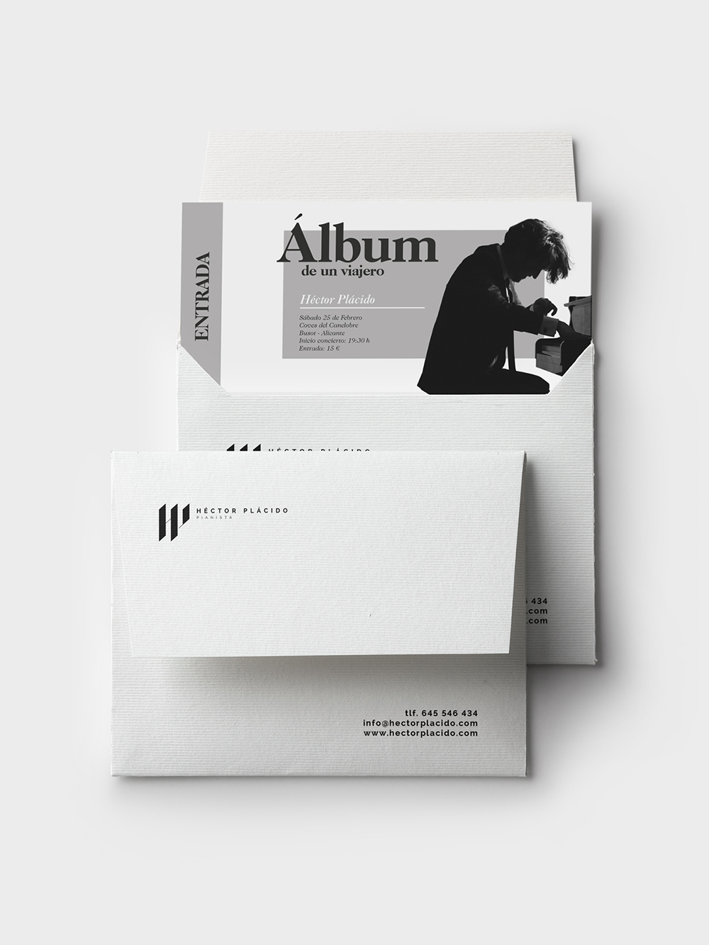 Diseño y desarrollo de identidad visual corporativa para Héctor Plácido, pianista. Detalle sobre tipo.
