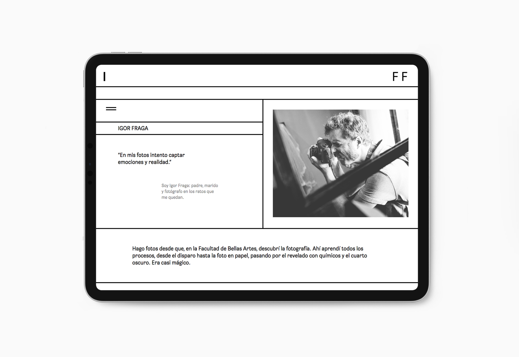 Diseño y desarrollo de website corporativo para Igor Fraga Fotografía. Detalle sección web iPad.