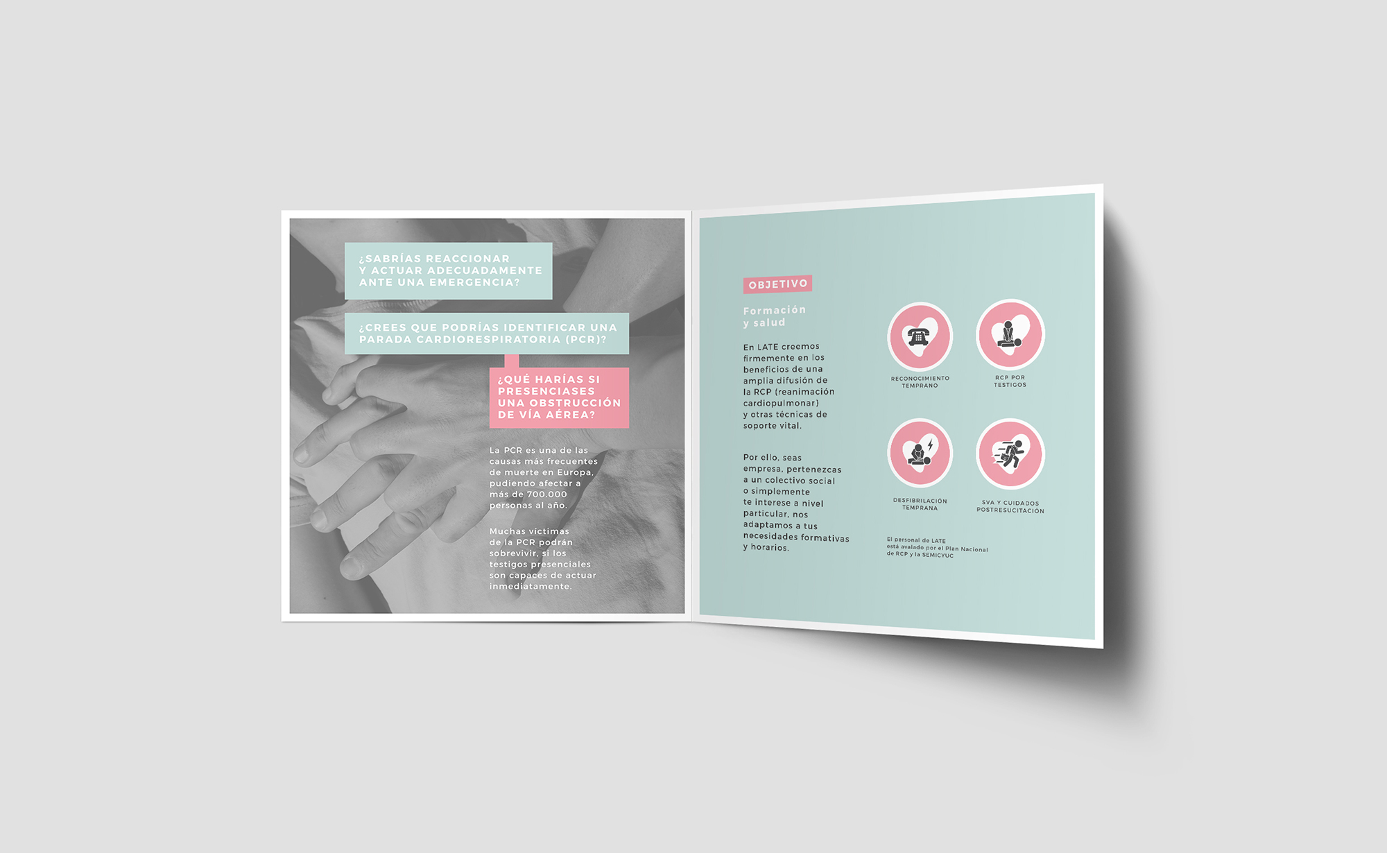 Diseño y desarrollo de identidad visual corporativa para Late, formación en soporte vital. Detalle interior díptico.