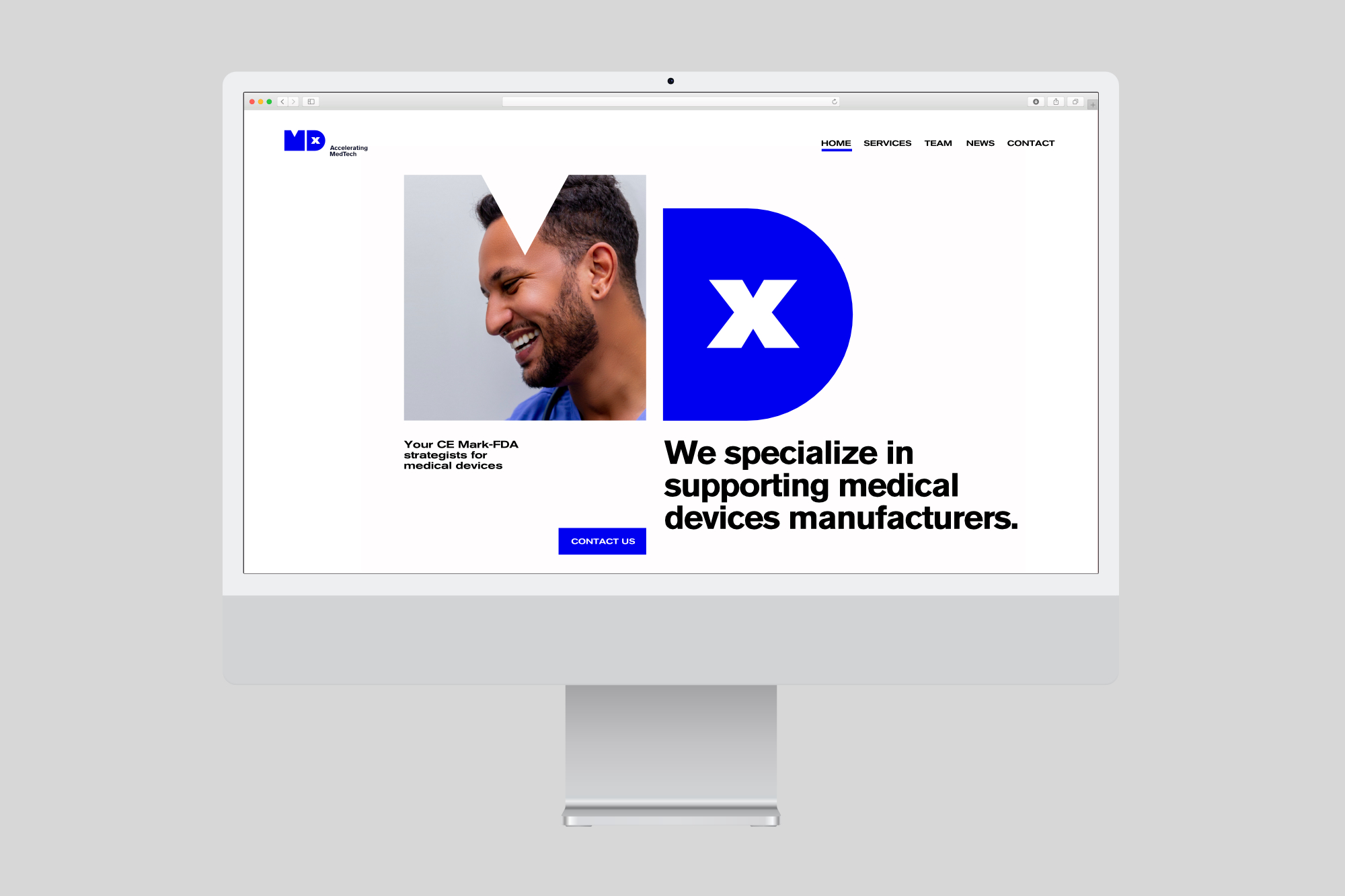 Diseño y desarrollo de identidad visual corporativa para MDx. Vista ejemplo web.