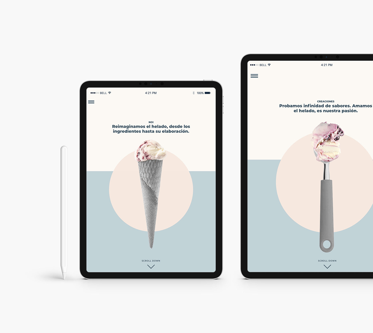 Diseño y desarrollo de website corporativo para NOI Gelato&Co. Vista detalle website iPad.