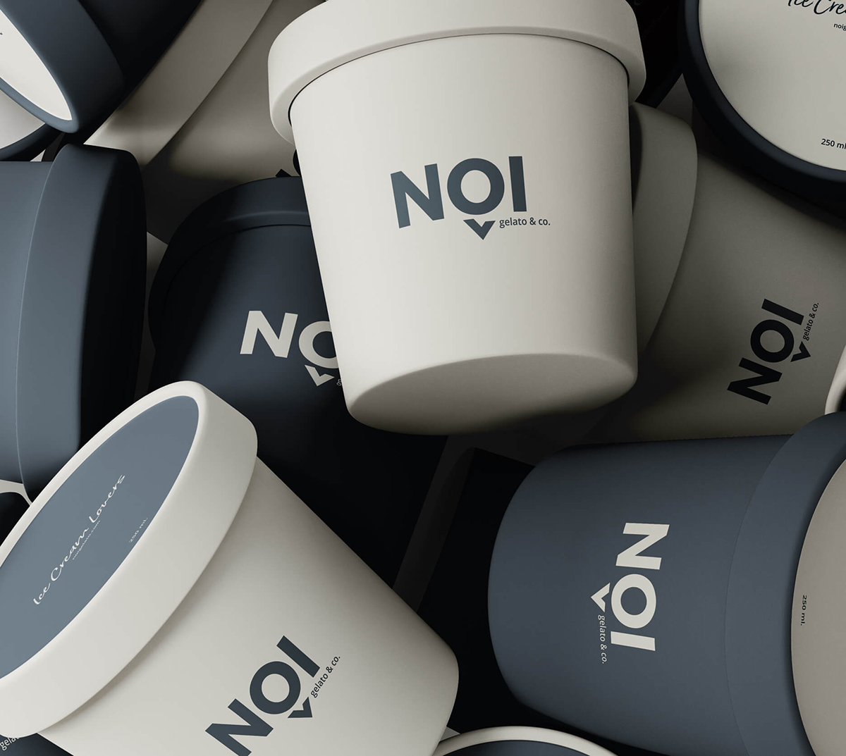 Diseño y desarrollo de identidad visual corporativa para NOI Gelato&Co. Vista detalle tarrinas de helado.