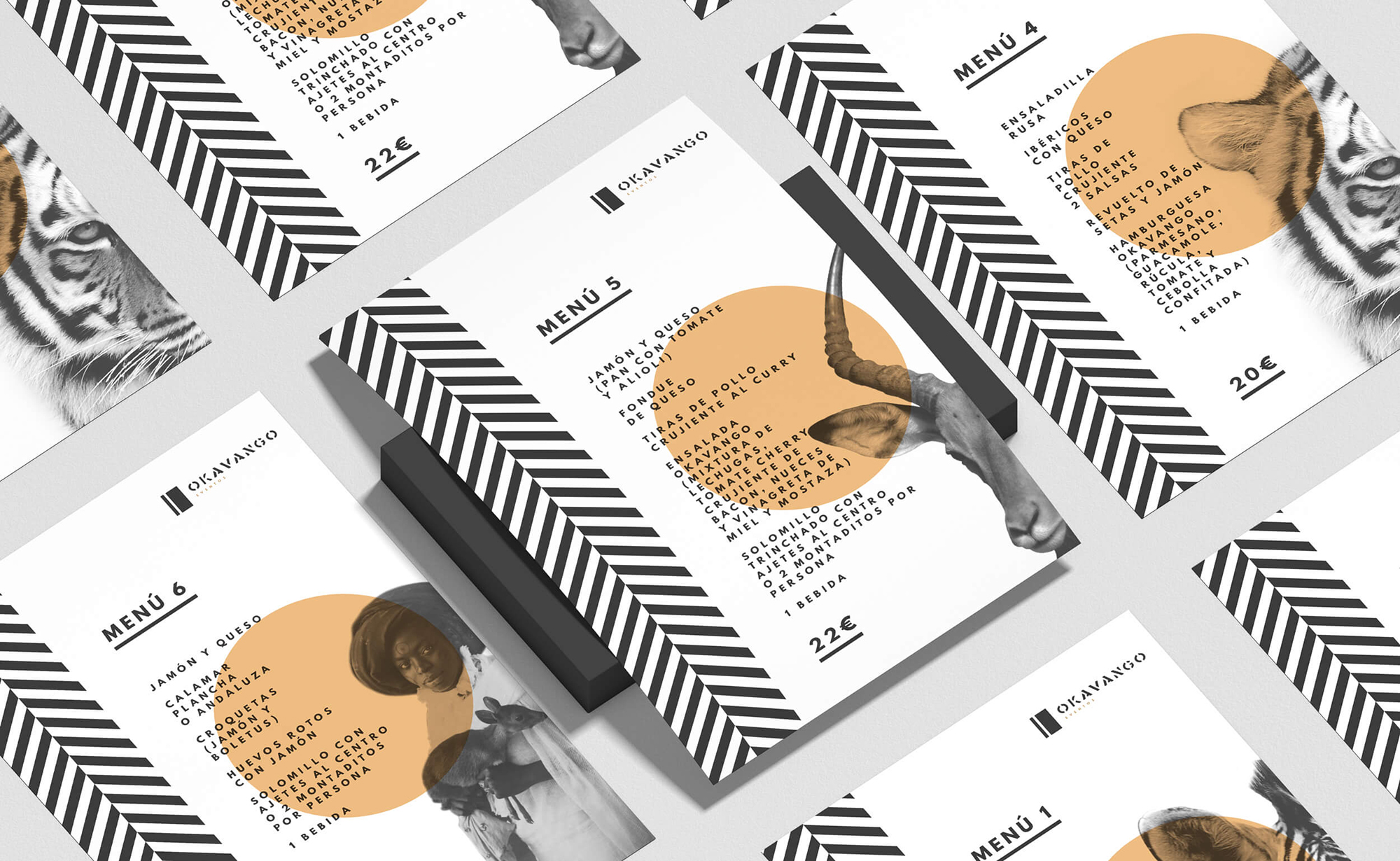 Diseño y desarrollo de identidad visual corporativa para Okavango Café. Vista detalle de menús.