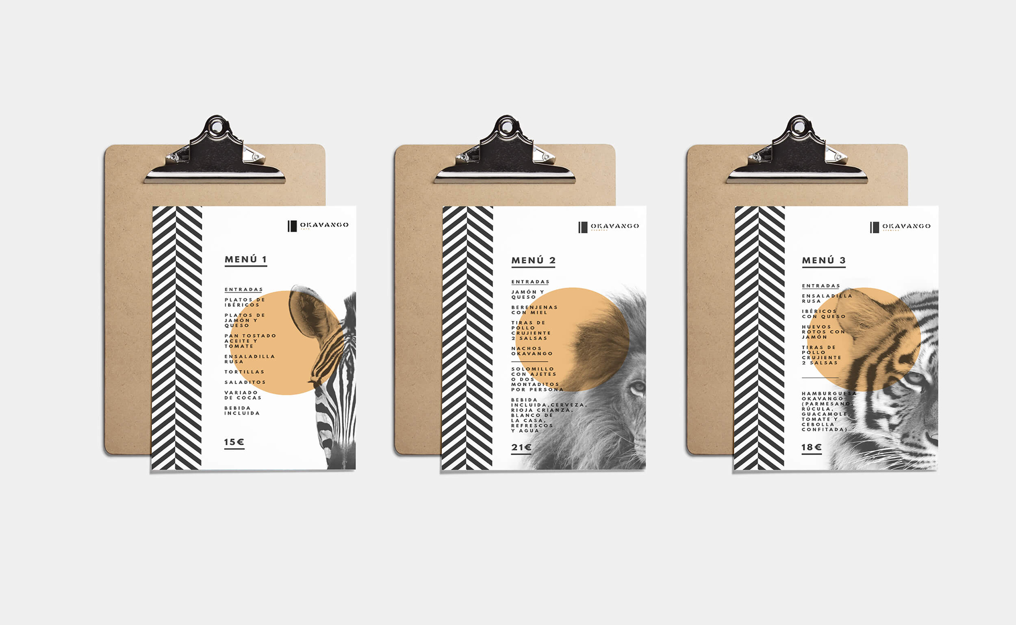 Diseño y desarrollo de identidad visual corporativa para Okavango Café. Diseño de menús.