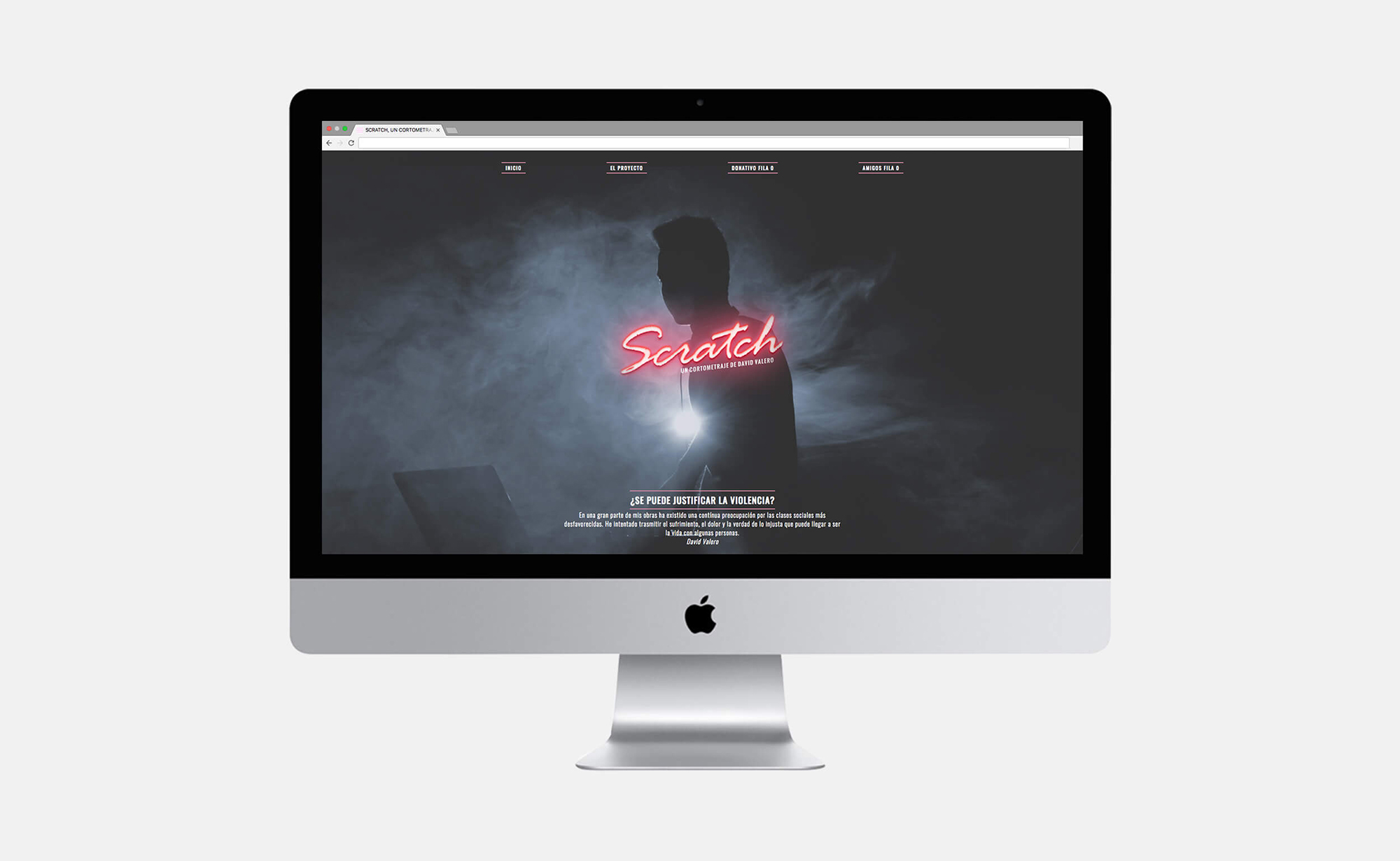 Diseño y desarrollo de minisite para Scratch, un cortometraje de David Valero. Vista homepage iMac.