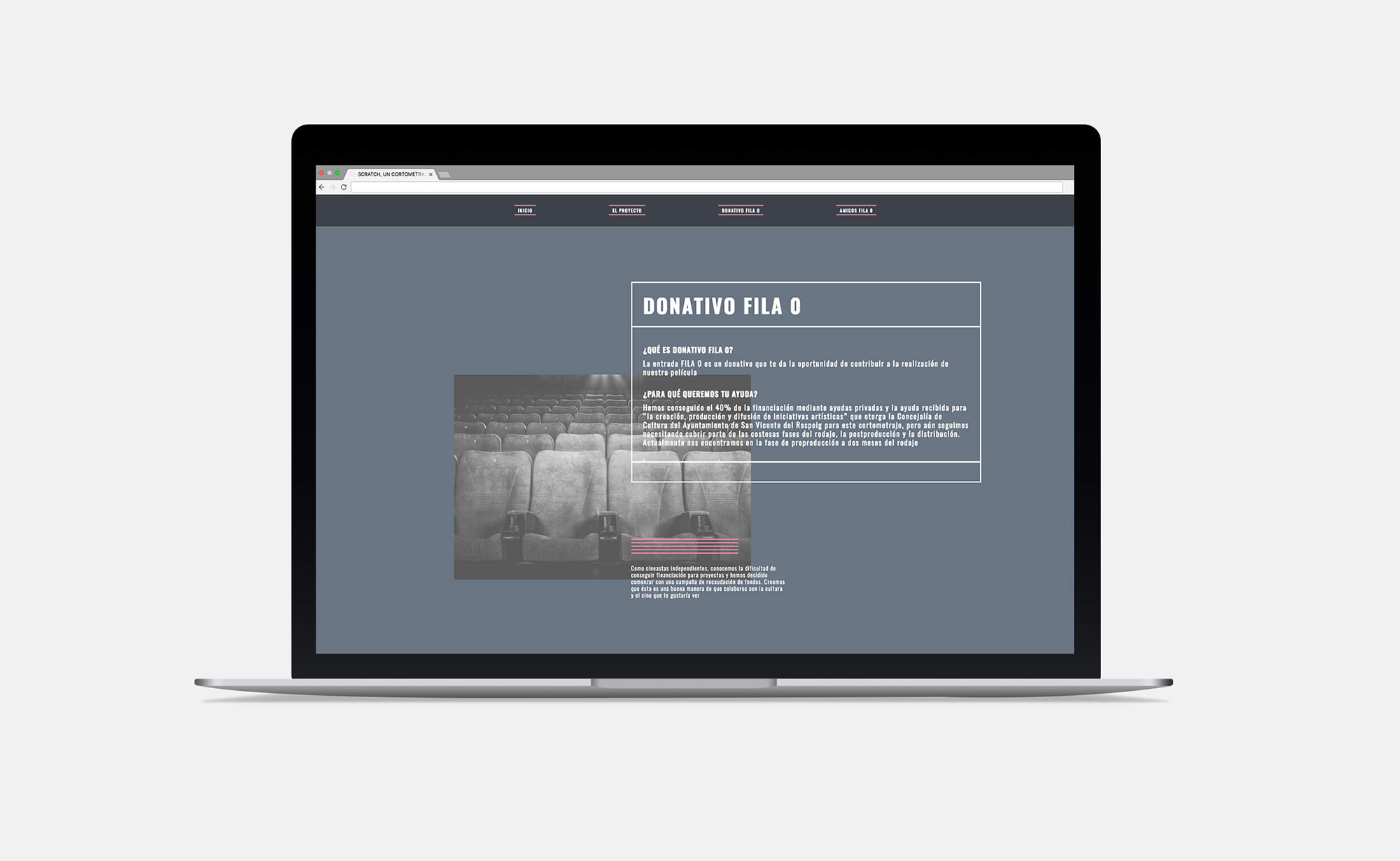 Diseño y desarrollo de minisite para Scratch, un cortometraje de David Valero. Vista layout Macbook.