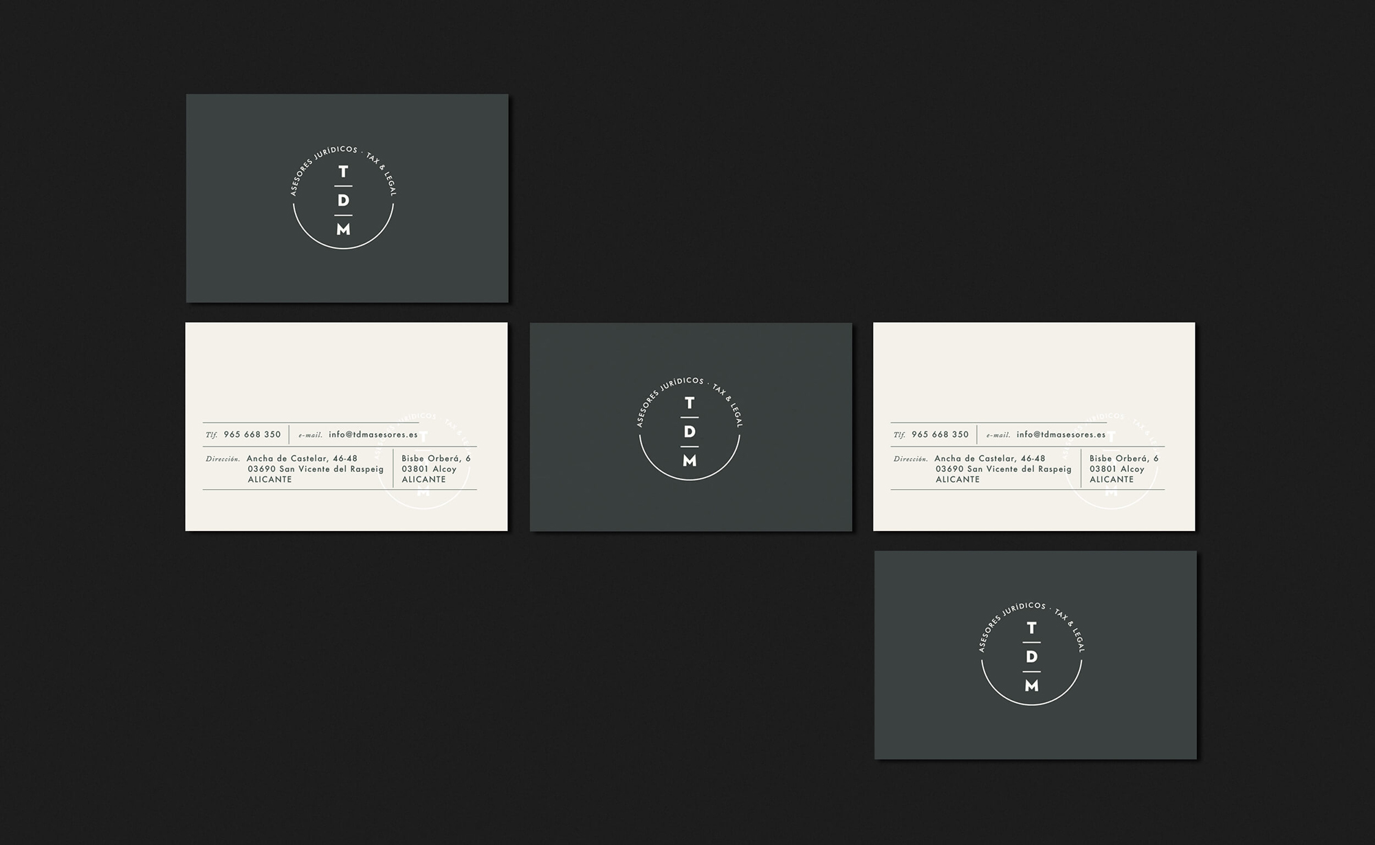 Diseño y desarrollo de identidad visual corporativa para TDM Asesores Jurídicos-Tax&Legal. Tarjetas de visita.
