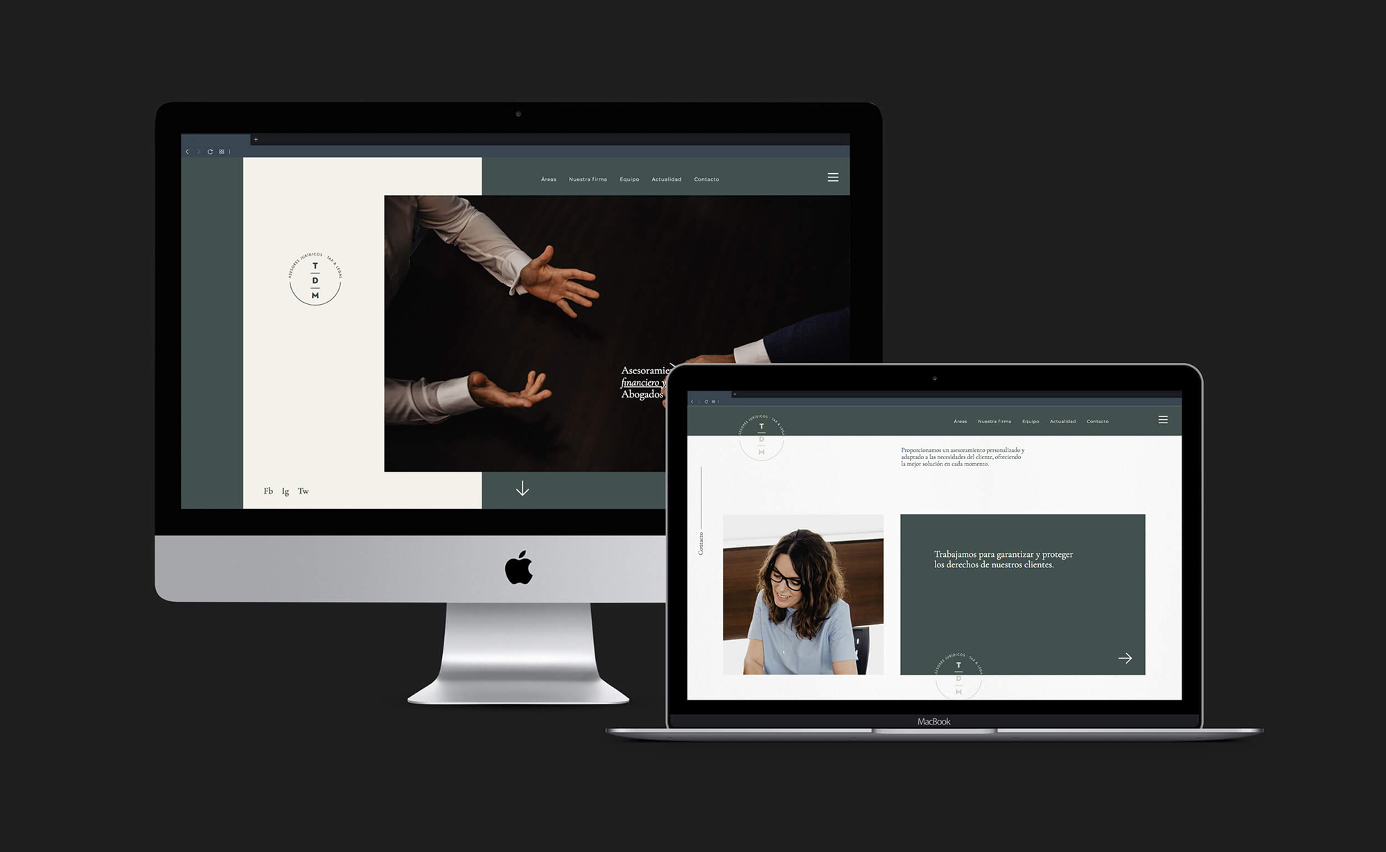 Diseño y desarrollo de website corporativo para TDM Asesores Jurídicos-Tax&Legal. Vista home page sobremesa y laptop.