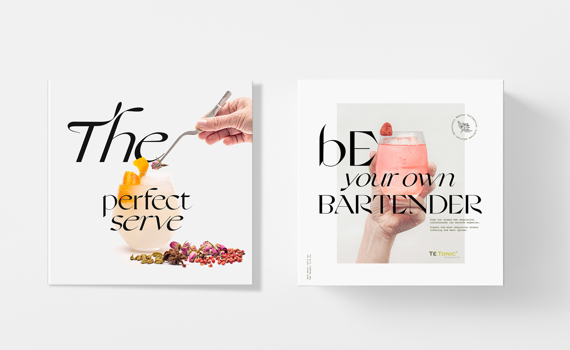 Diseño y desarrollo de packaging para Té-Tonic Experience. Fotografía packaging y díptico informativo.