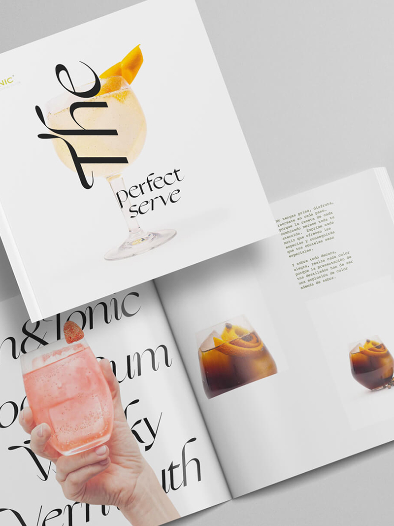 Diseño y desarrollo de packaging para Té-Tonic Experience. Vista detalle portada e interior díptico.