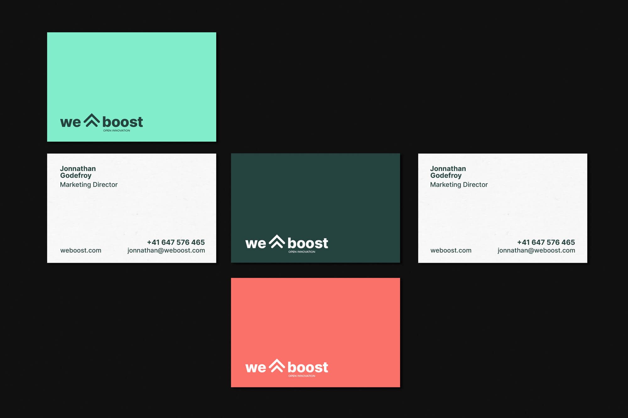 Diseño y desarrollo de identidad visual corporativa para Weboost. Tarjeta de visita. Versiones cromáticas.